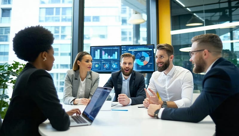 Business professionals discussing technology solutions in a modern office setting Business professionals discussing technology solutions in a modern office setting