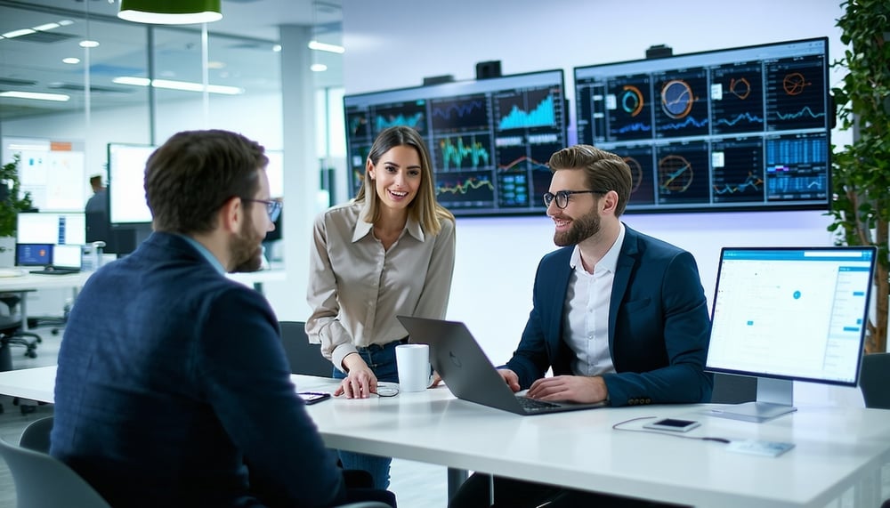 Business professionals discussing technology solutions